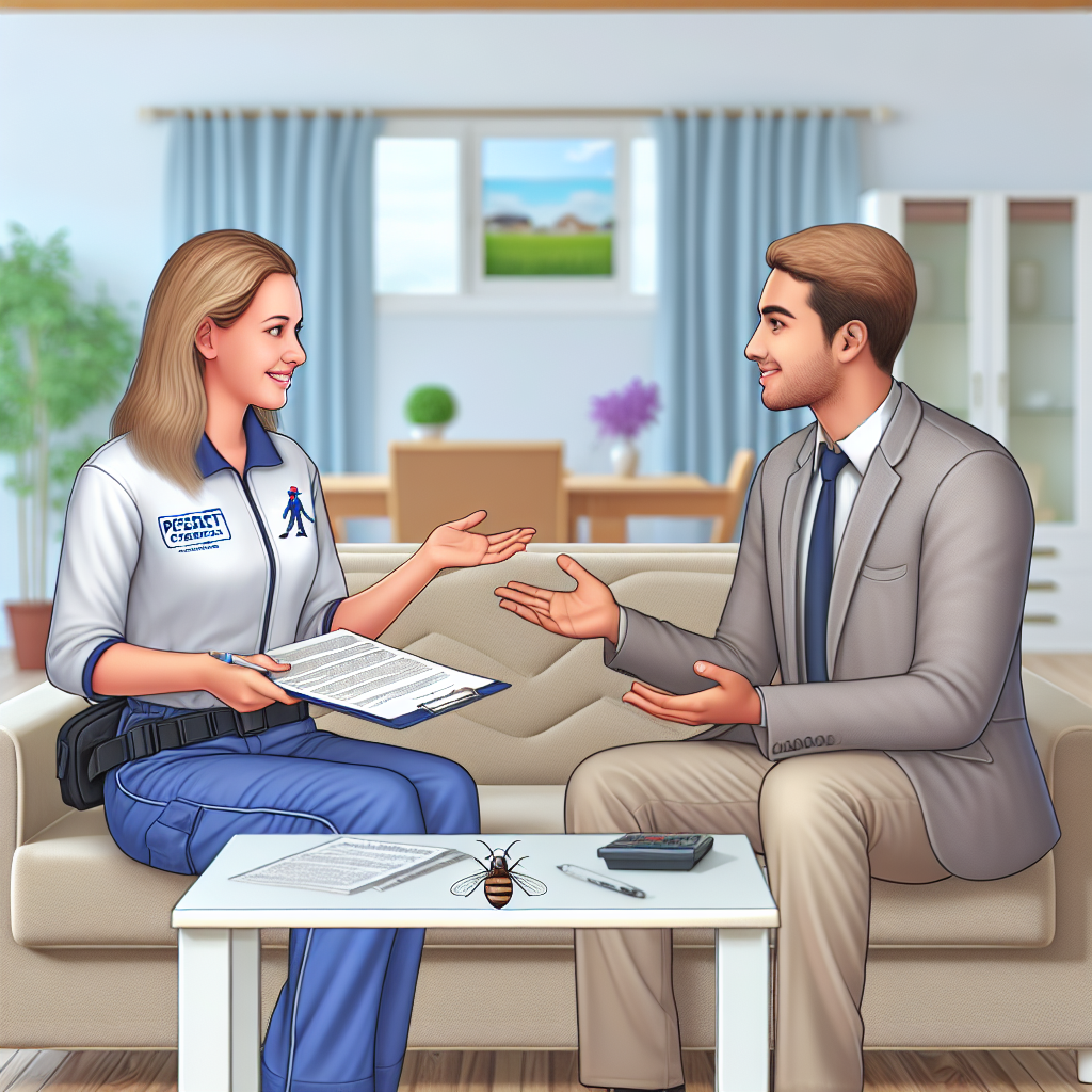 A friendly pest control expert discussing treatment options with a homeowner in their living room