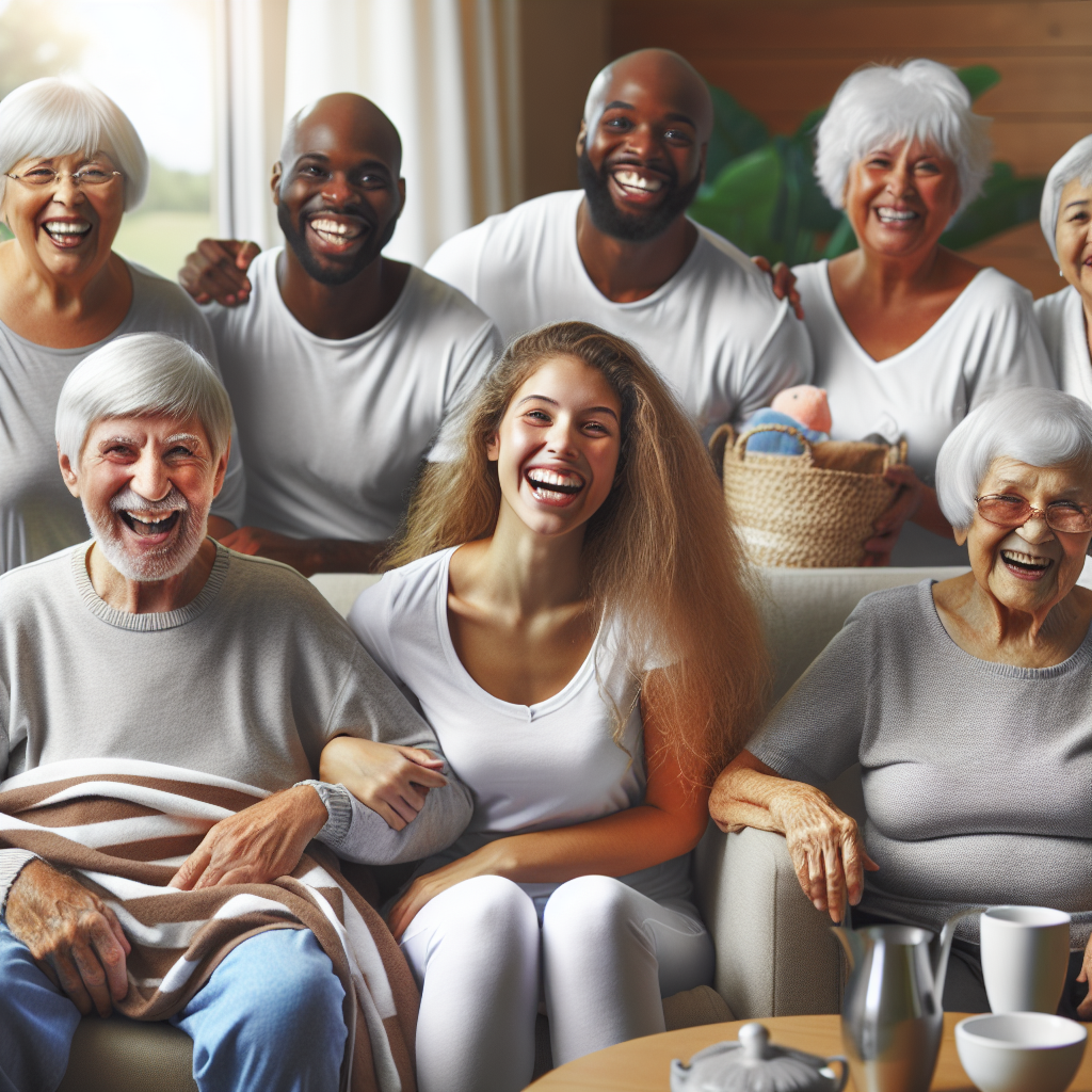A warm and inviting personal care home environment with happy seniors engaged in activities