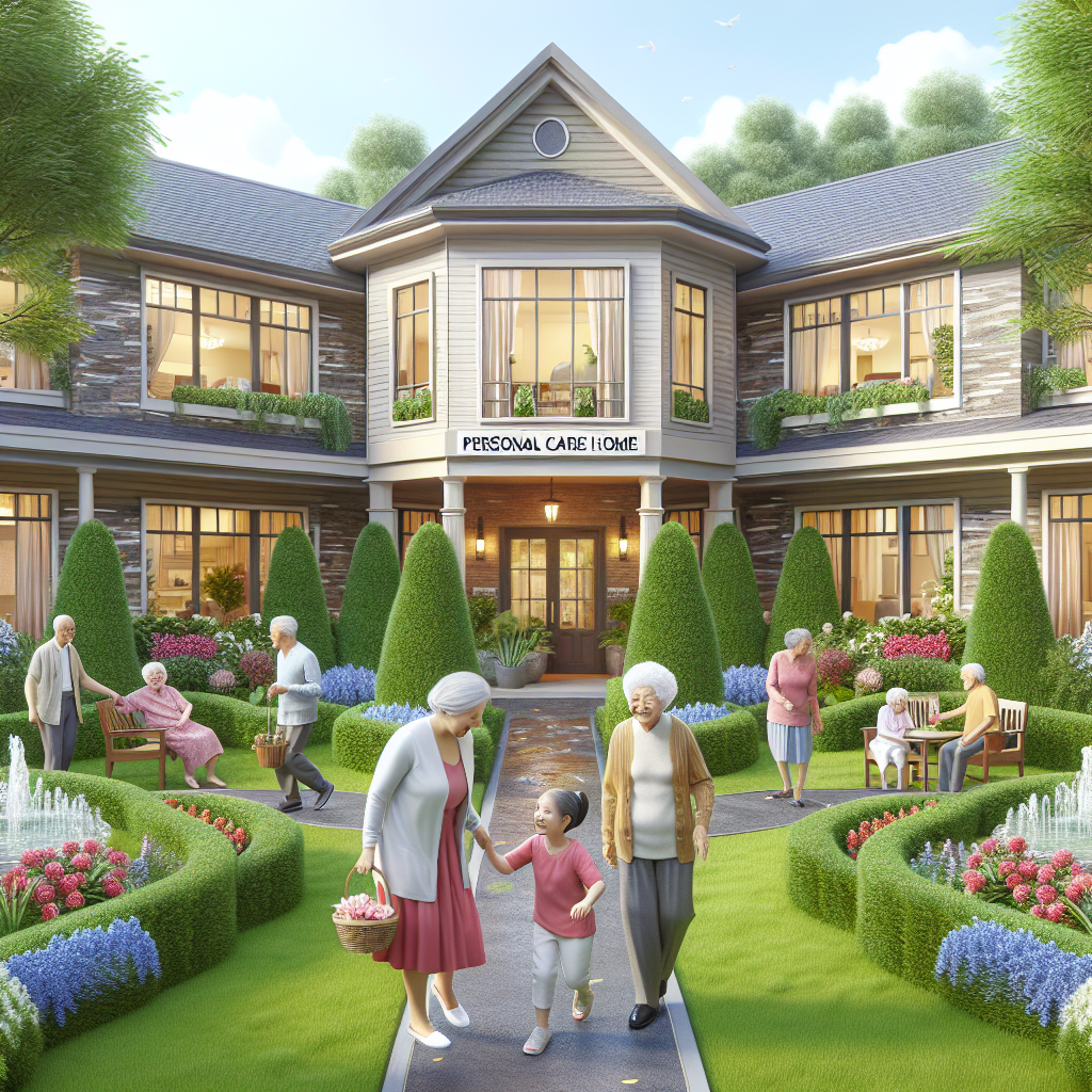 A warm and inviting personal care home exterior with lush gardens and happy seniors interacting
