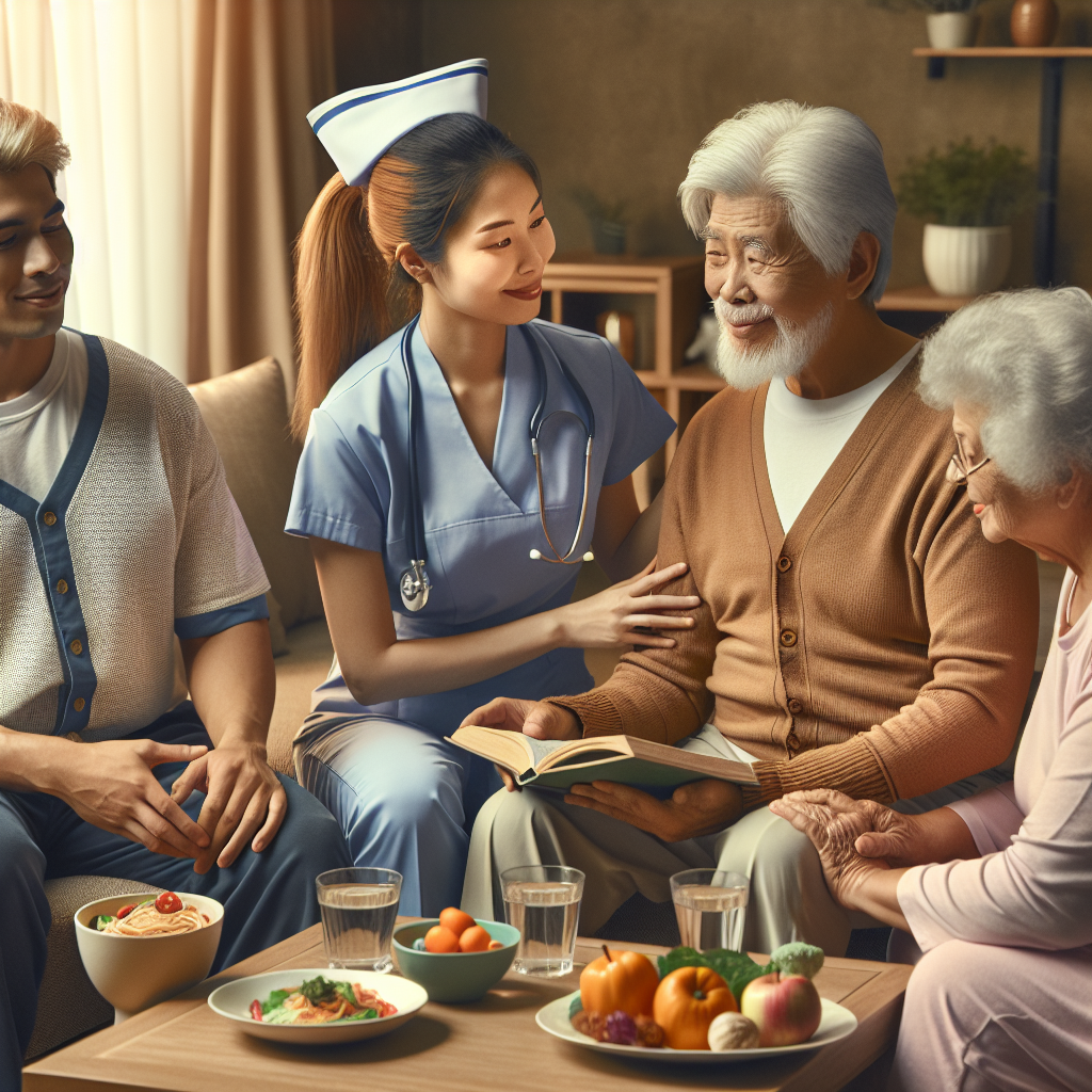 A warm, inviting personal care home environment with caring staff interacting with elderly residents