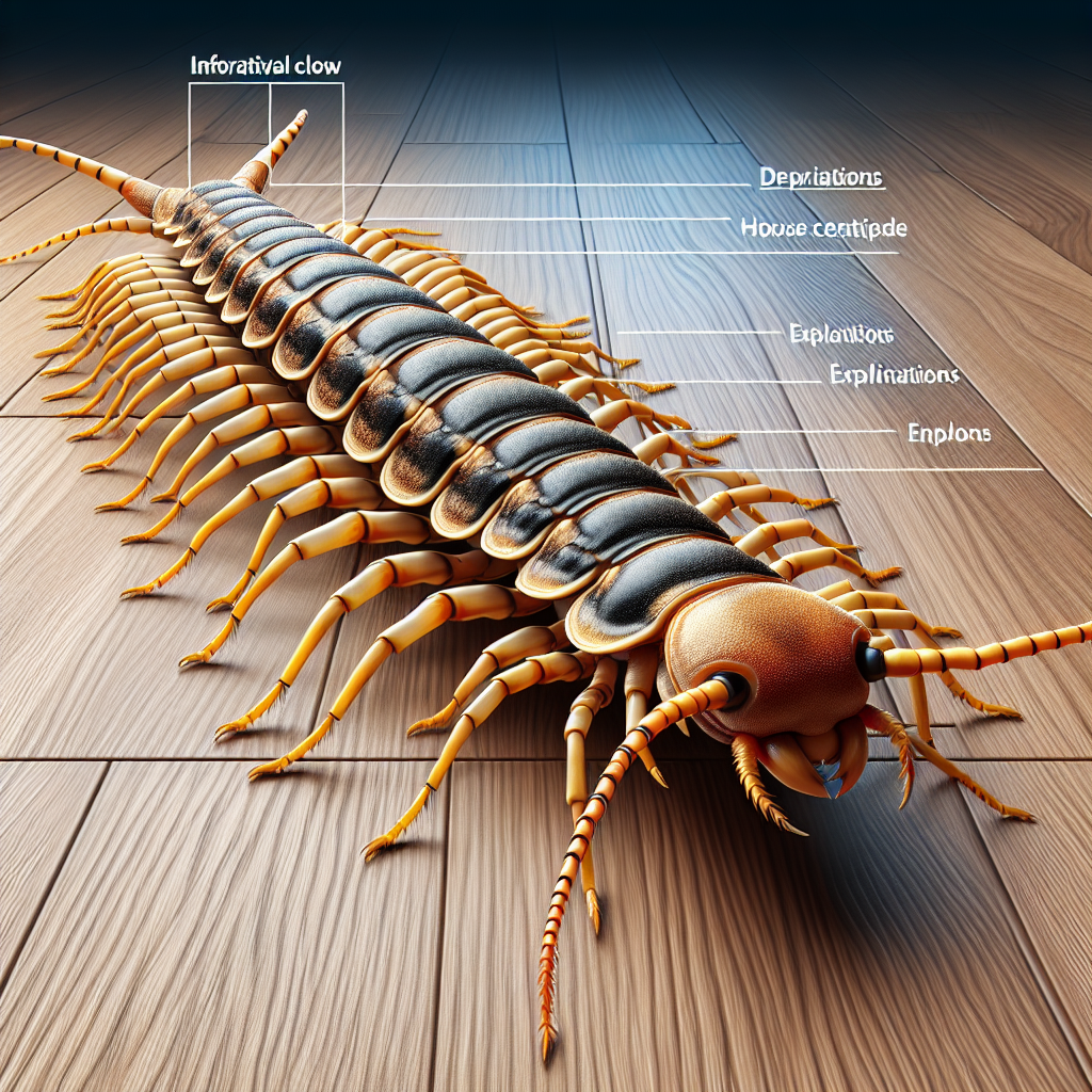 A close-up view of a house centipede on a wooden floor with its many legs and unique body structure visible