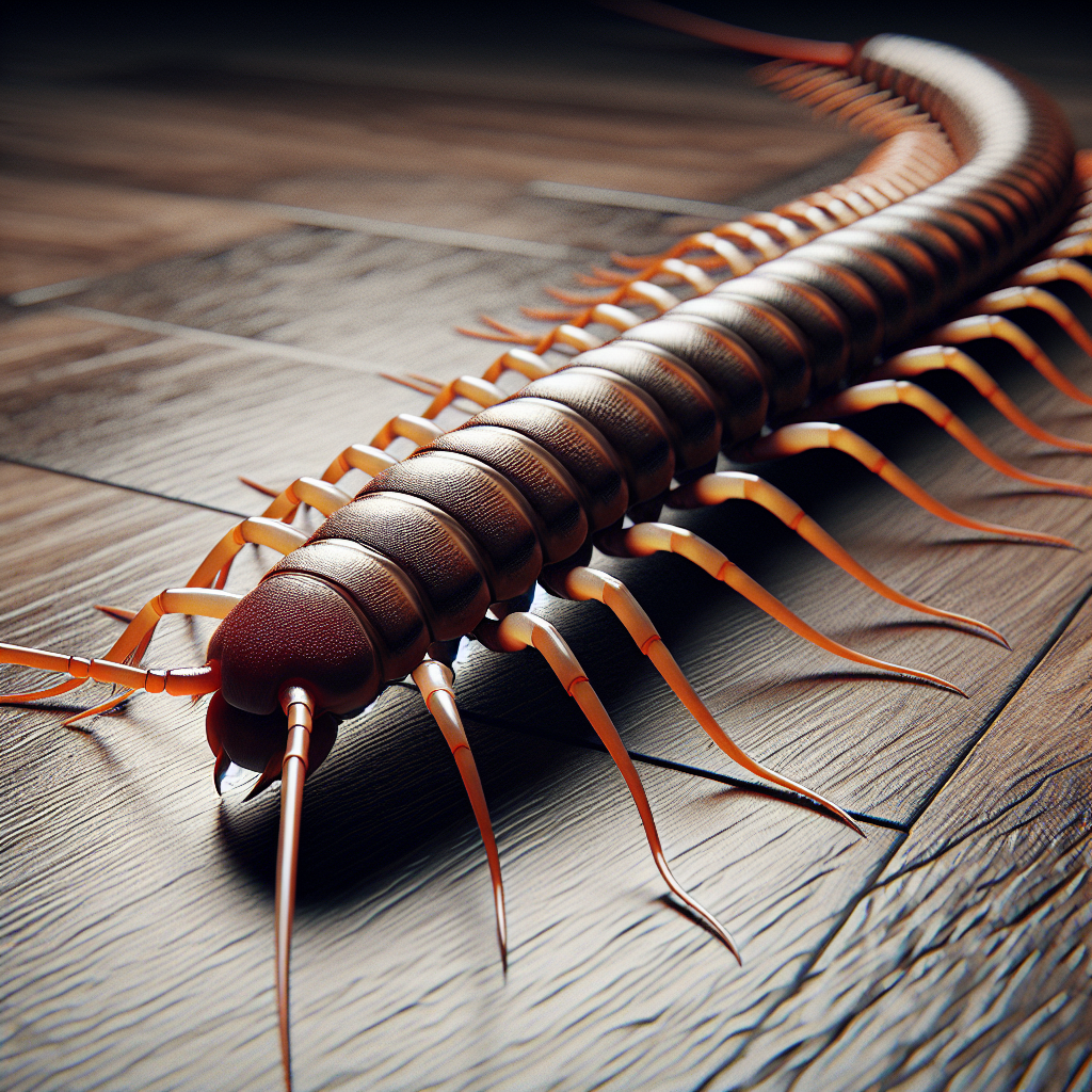 A close-up view of a house centipede on a wooden floor with its long legs and distinctive body pattern visible
