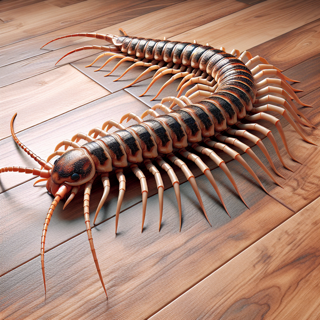 A close-up photo of a house centipede on a wooden floor