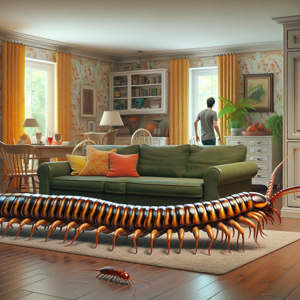 A close-up view of a house centipede hunting its prey in a cozy home environment
