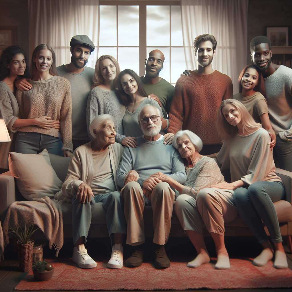 A warm family gathering around an elderly person in a cozy living room setting, showcasing love and support in elder care