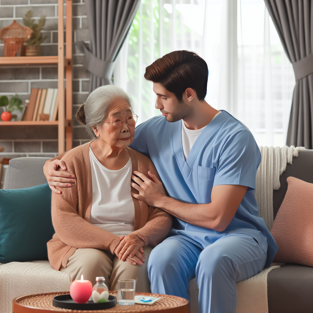 A warm and inviting scene depicting an elderly person receiving home care from a compassionate caregiver in a cozy living room.