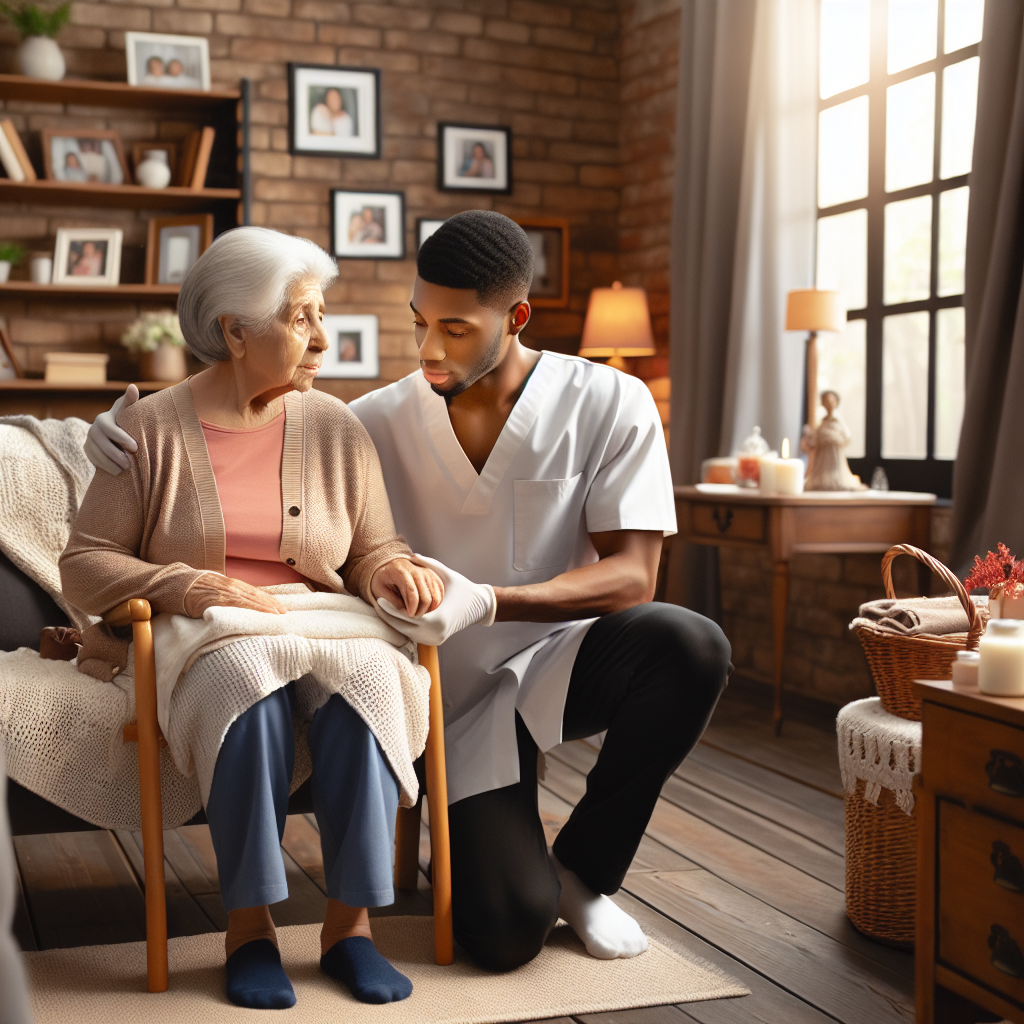 A warm scene depicting an elderly person receiving in-home care from a compassionate caregiver. The setting is cozy with personal touches like family photos. The caregiver is assisting with daily activities.