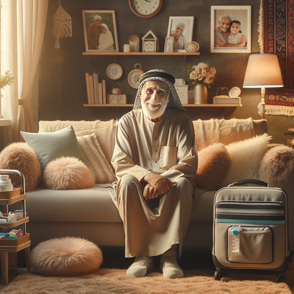 A cozy living room scene with an elderly person receiving home care from a caregiver, showcasing warmth and comfort