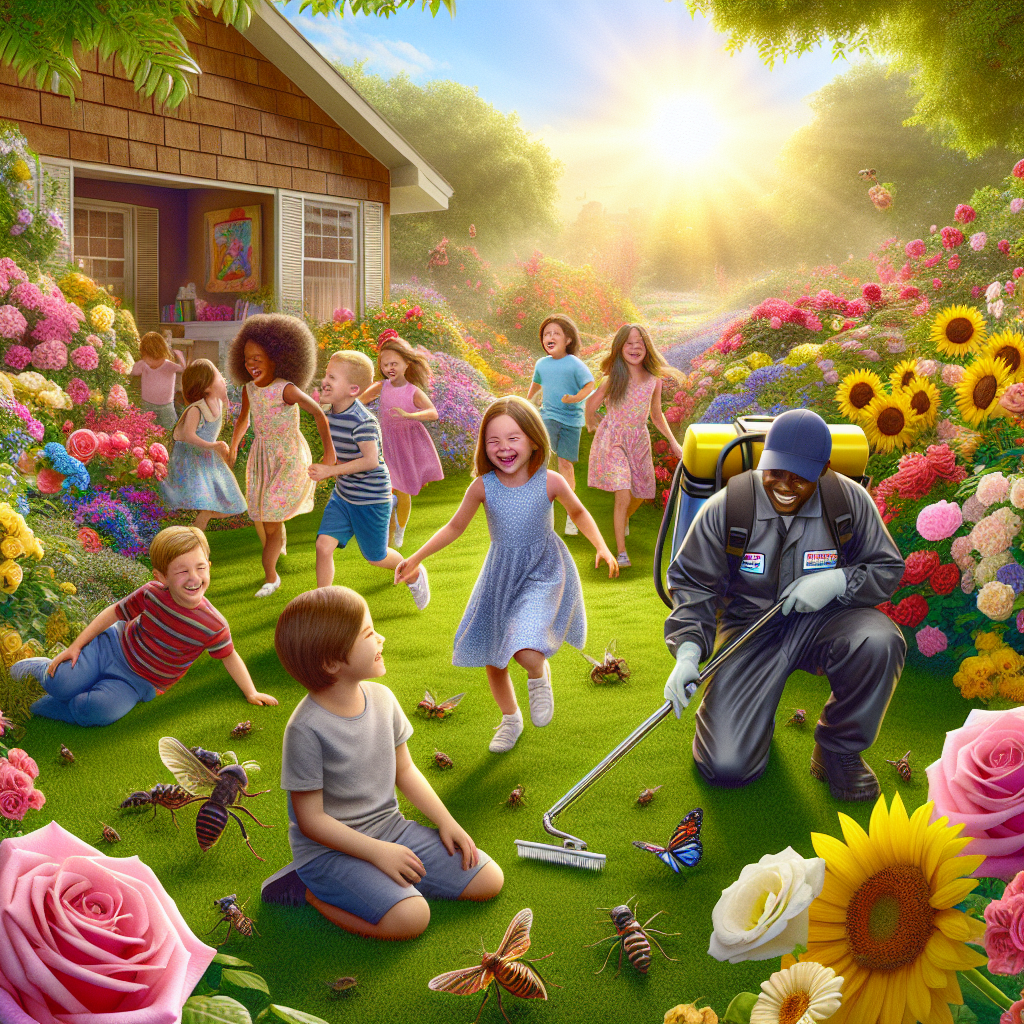 A vibrant garden with children playing safely while a professional applies eco-friendly pest control solutions nearby
