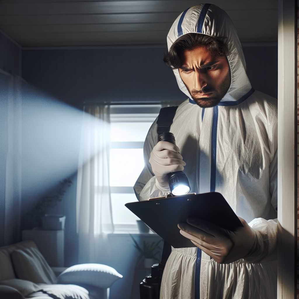A professional exterminator inspecting a home for pests during an emergency situation