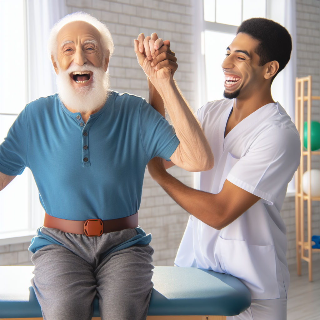 An elderly person happily engaging in physical therapy exercises with a therapist in a bright and cheerful environment