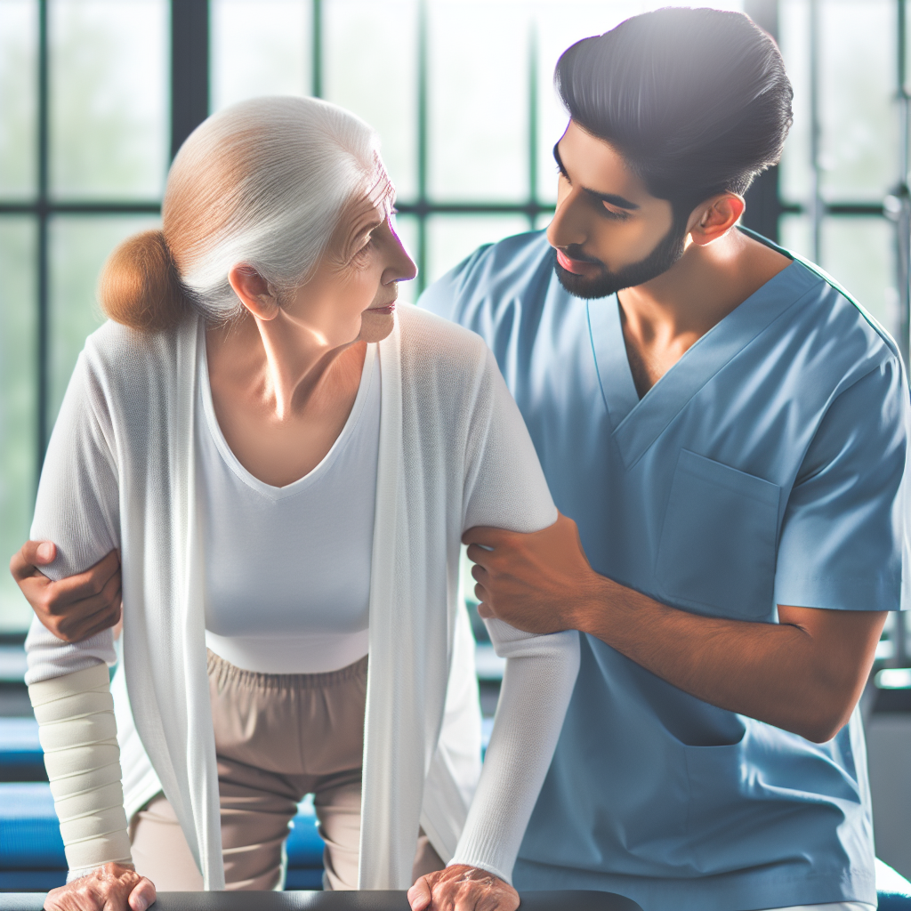 An elderly person engaging in physical therapy exercises with a therapist