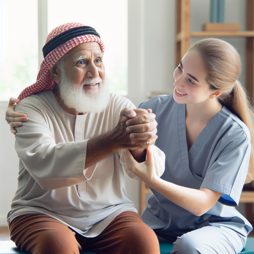 An elderly person engaging in physical therapy exercises at home with a physiotherapist