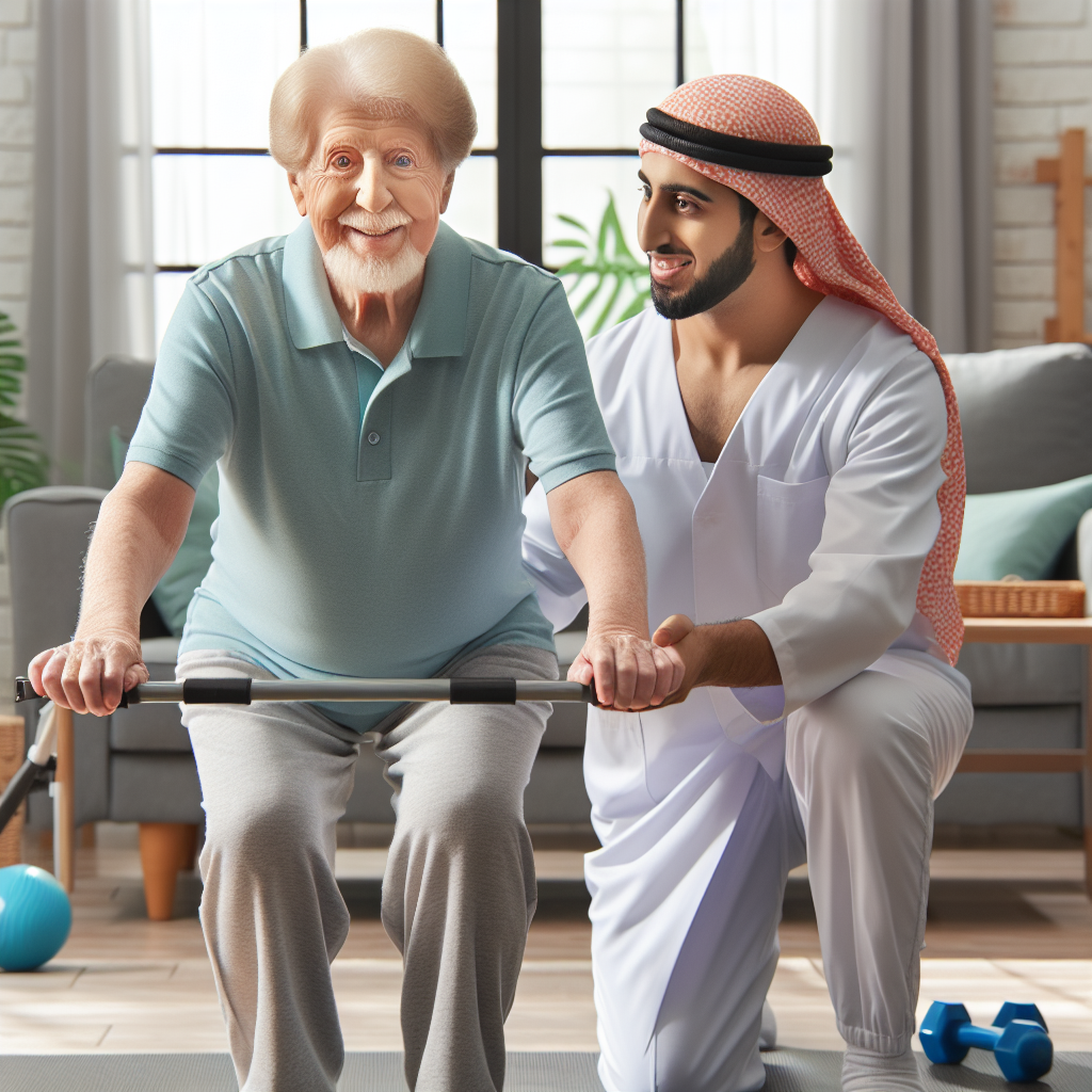 A senior exercising with a physiotherapist in a bright home setting, incorporating balance exercises with adaptive equipment.