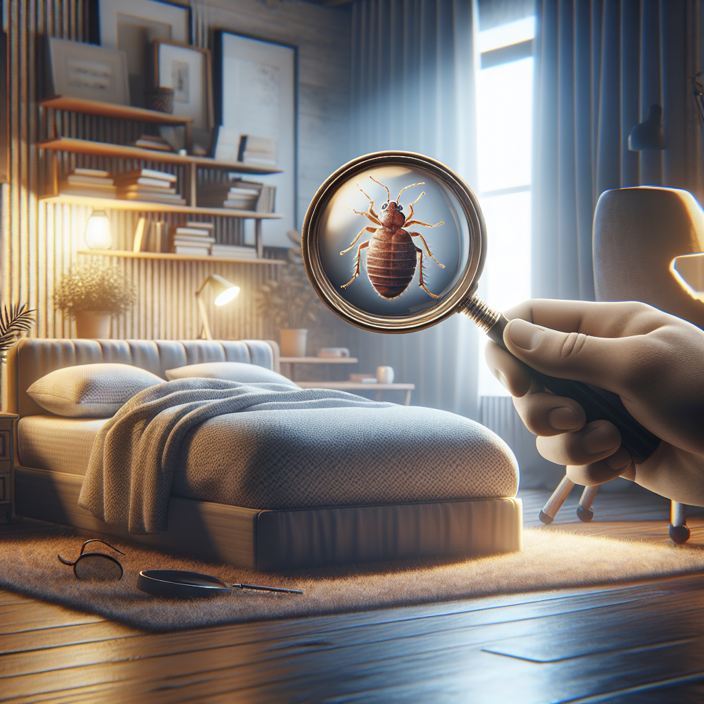 A cozy bedroom with a magnifying glass inspecting for bed bugs