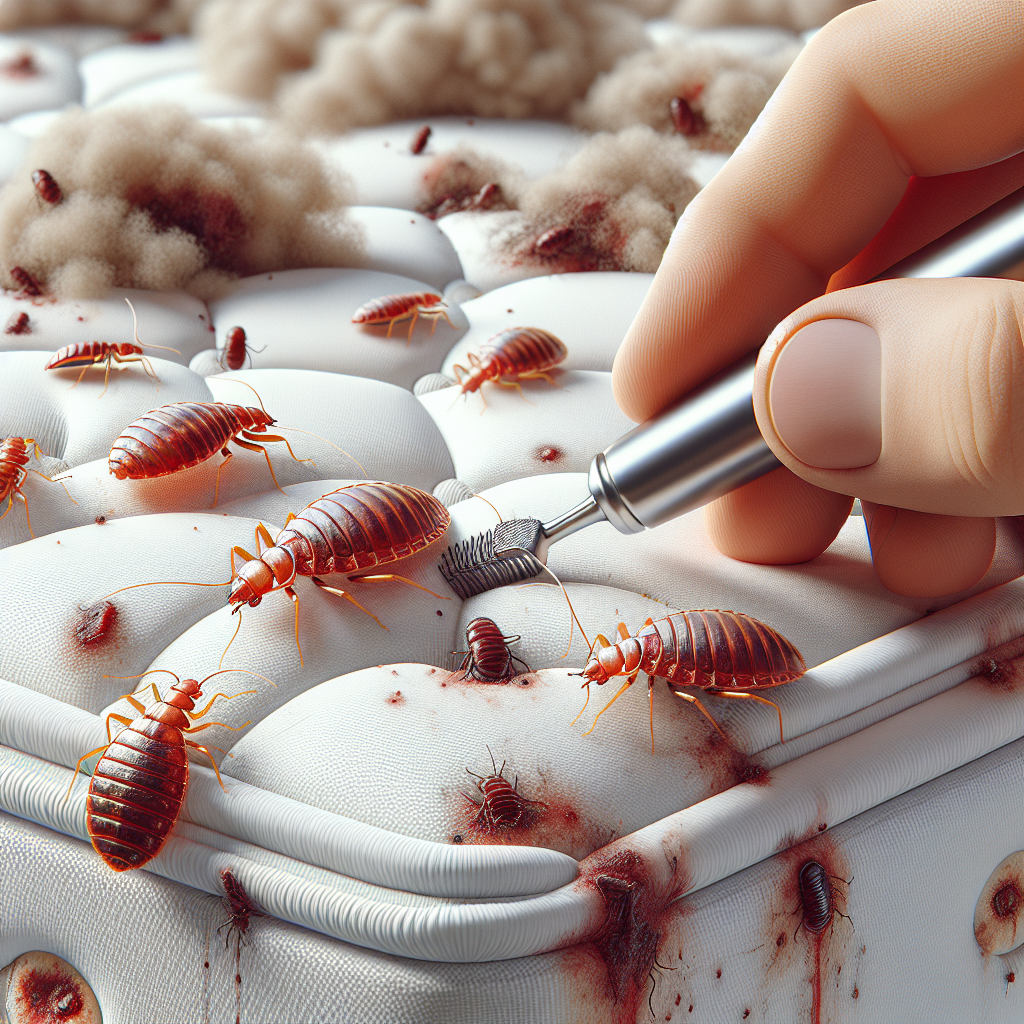 A close-up view of bed bugs on a mattress with signs of infestation like blood stains and shed skins