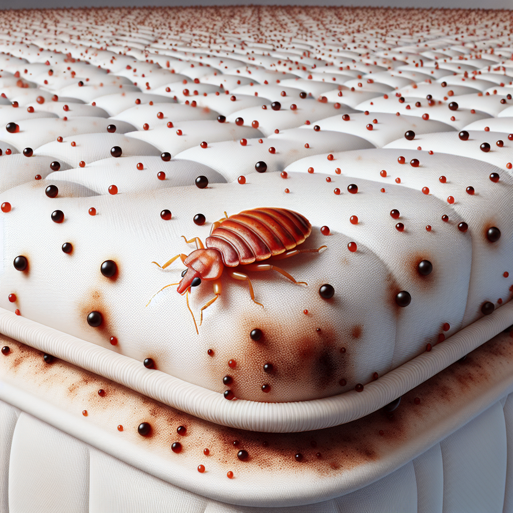 A close-up view of a mattress showing signs of a bed bug infestation with small reddish-brown bugs and dark spots