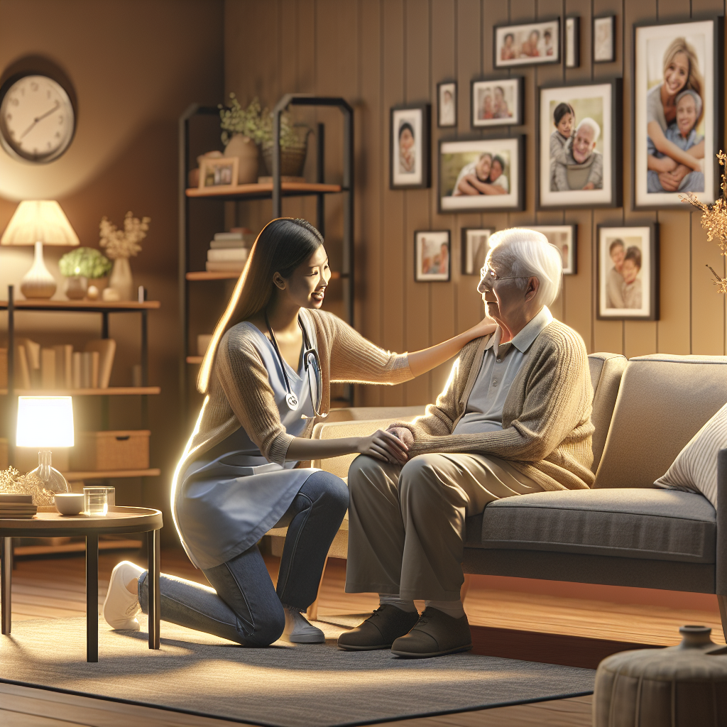 A warm and inviting living room setup with soft lighting, comfortable furniture, and family photos. A caregiver gently assisting an elderly patient with a smile.