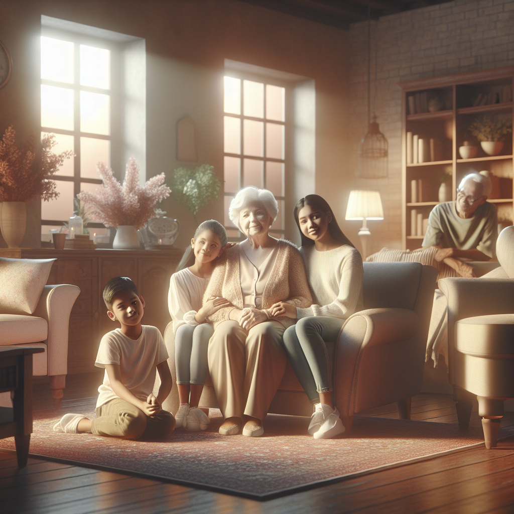 A serene living room setting with soft lighting and comfortable furniture where an elderly person sits surrounded by family members showing love and support