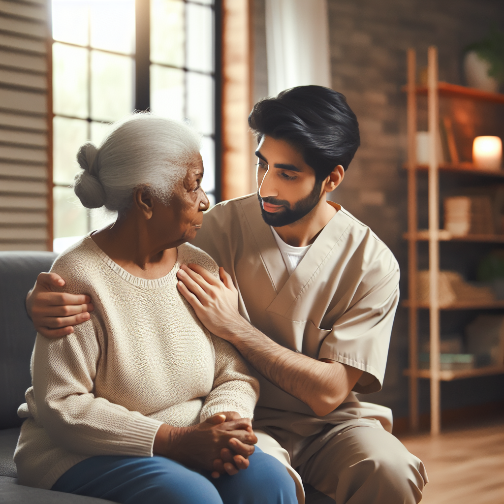 A warm scene depicting a caregiver comforting an elderly patient at home, showcasing compassion and connection