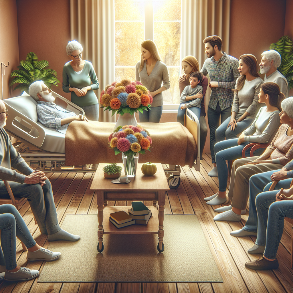A warm living room setting with a comfortable hospital bed, flowers on a side table, family members gathered around sharing stories