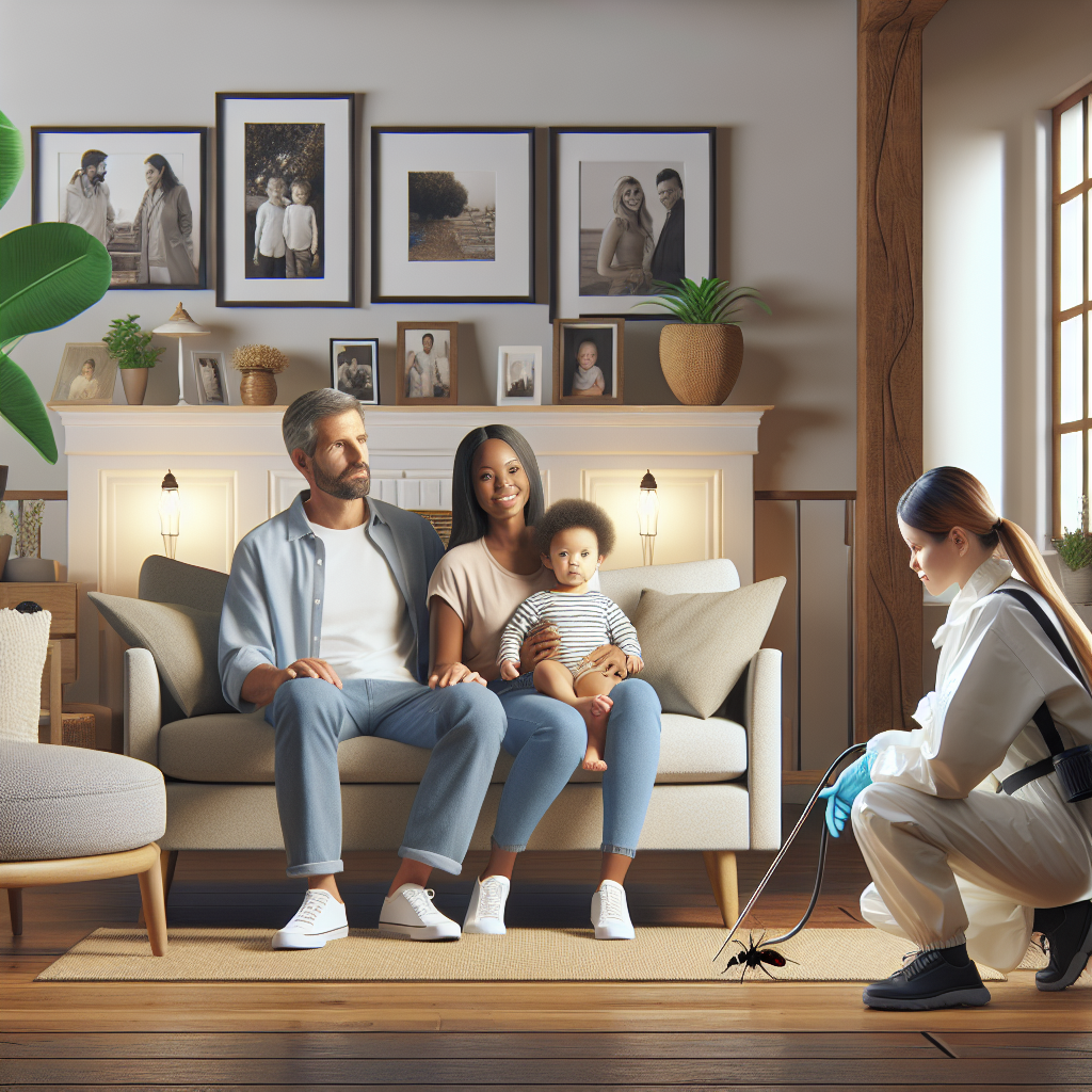 A cozy living room with a family relaxing while a professional pest control technician inspects for pests