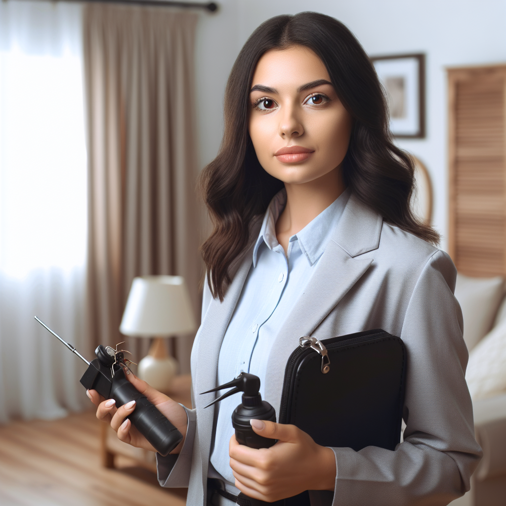A friendly exterminator inspecting a home for pests with tools in hand