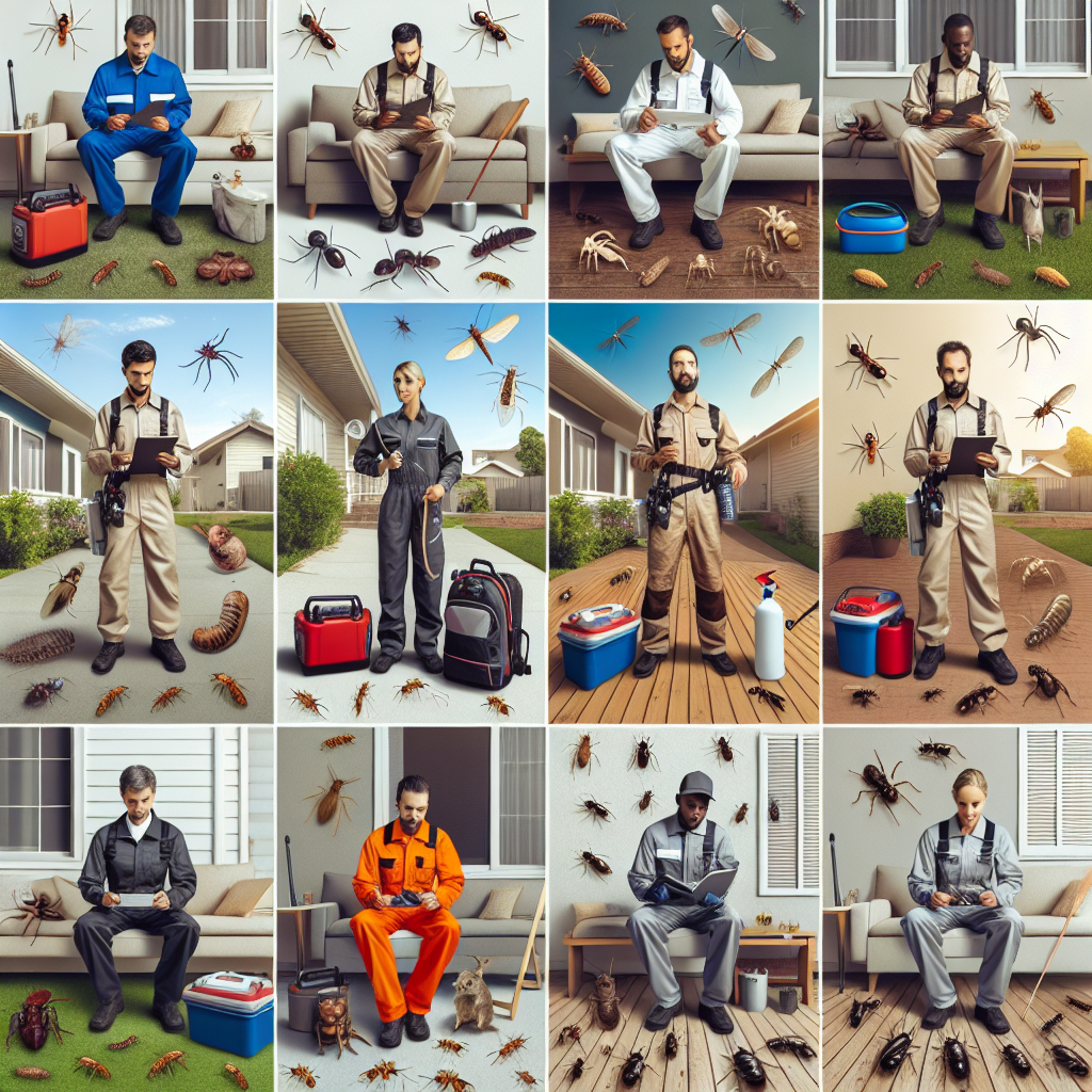 A collage of various pest control services being performed in a residential setting, showcasing professionals in action against termites, rodents, bed bugs, mosquitoes, ants, cockroaches, spiders, and fleas.