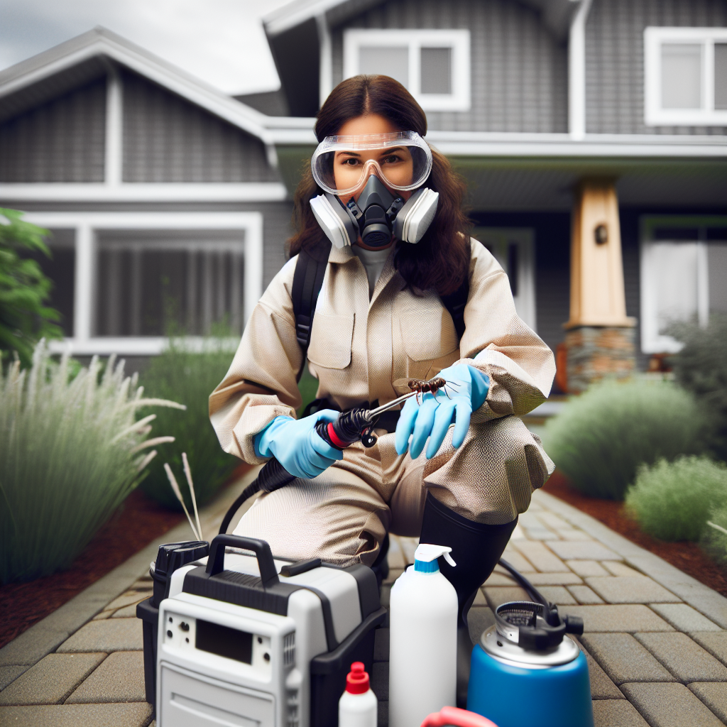 A professional pest exterminator in action at a suburban home, using eco-friendly pest control methods, with visible safety gear and equipment