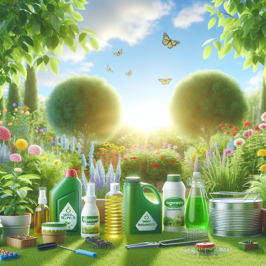 A vibrant garden scene with eco-friendly pest control products like natural repellents and biodegradable traps in use, sunny day, cheerful atmosphere