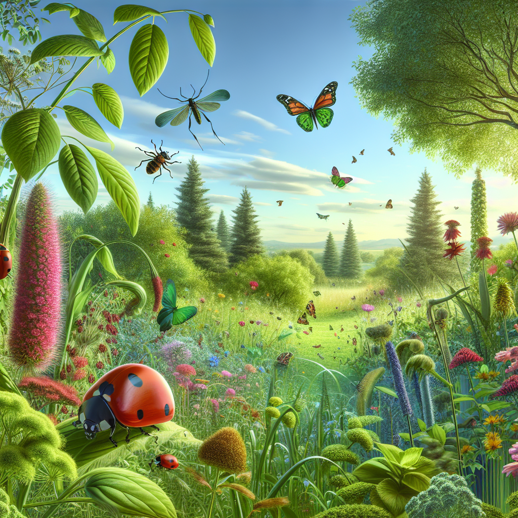 A vibrant garden showcasing various plants with natural predators like ladybugs and lacewings among flowers