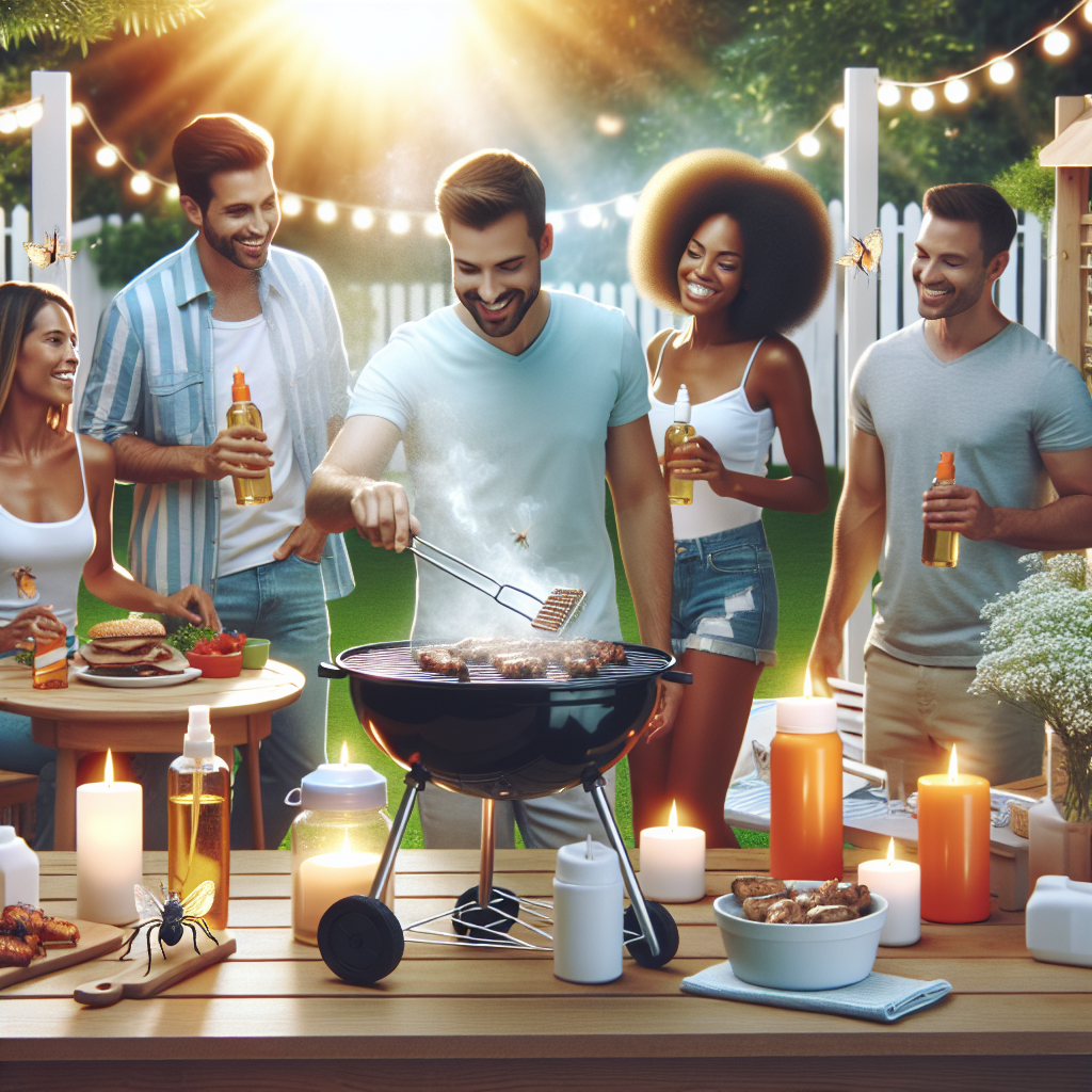 A vibrant backyard scene during summer with people enjoying a BBQ while using insect repellent and citronella candles