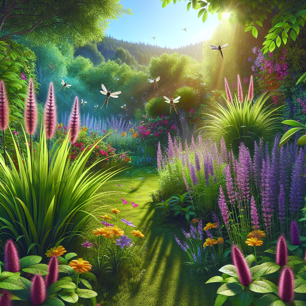 A vibrant garden featuring anti-mosquito plants like citronella grass and lavender, with a sunny backdrop