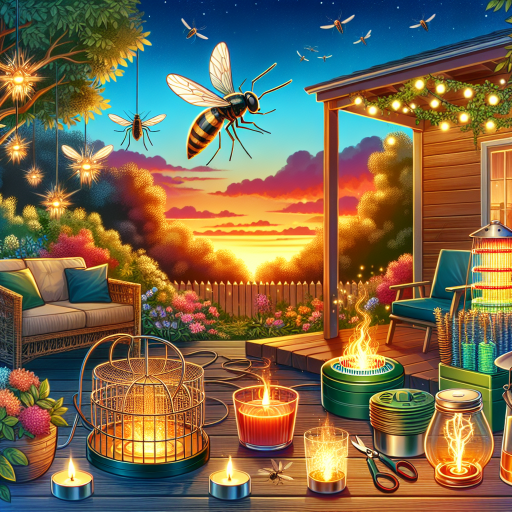 A vibrant backyard scene featuring homemade mosquito traps, citronella candles burning, and bug zappers in action during sunset