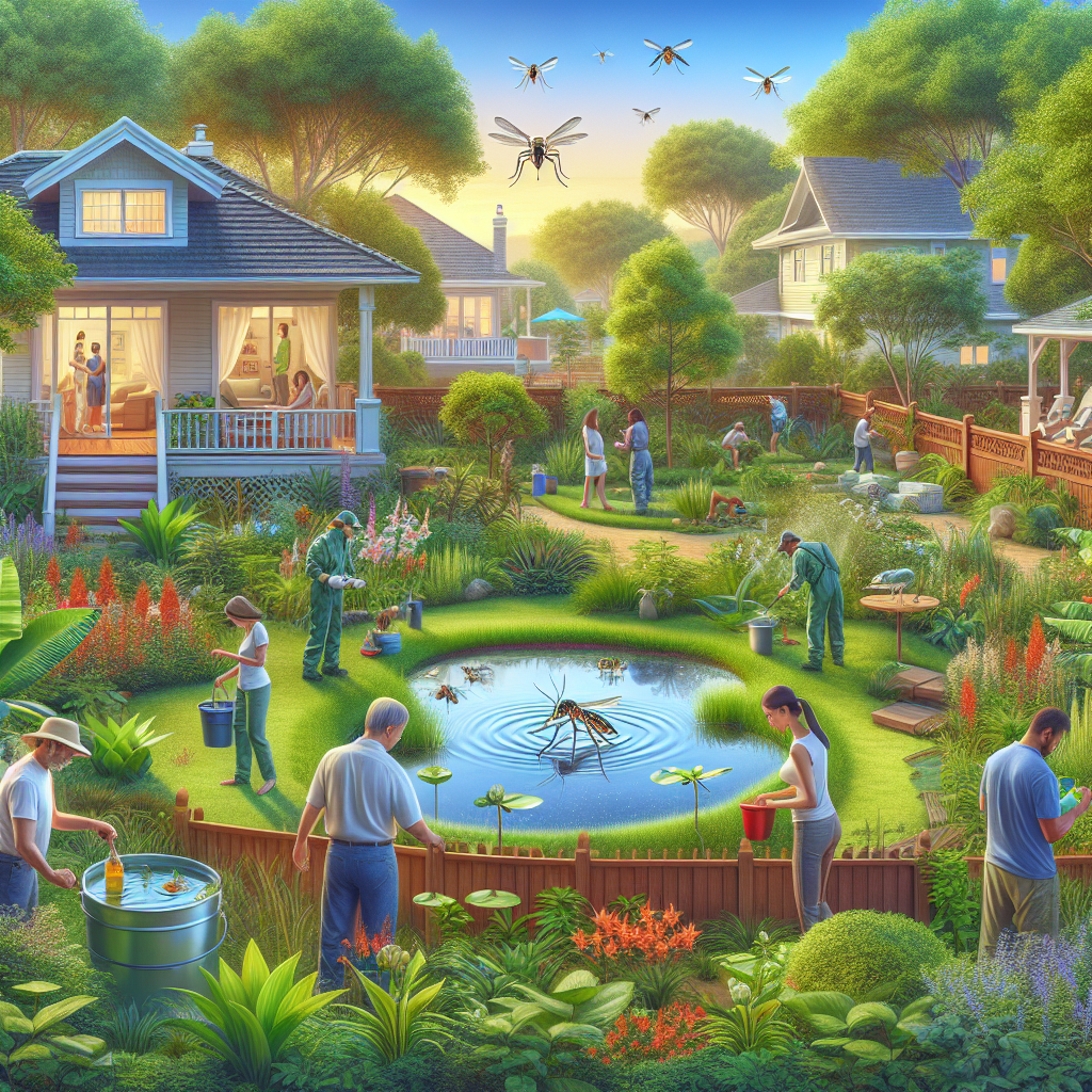 A vibrant backyard scene showcasing various <a href='http://bugzbugme.com/'>integrated pest management</a> techniques for mosquito control including standing water elimination, anti-mosquito plants, and people using natural repellents.