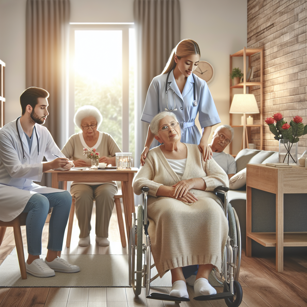 A warm and inviting hospice care setting with caregivers assisting elderly patients in a cozy home environment