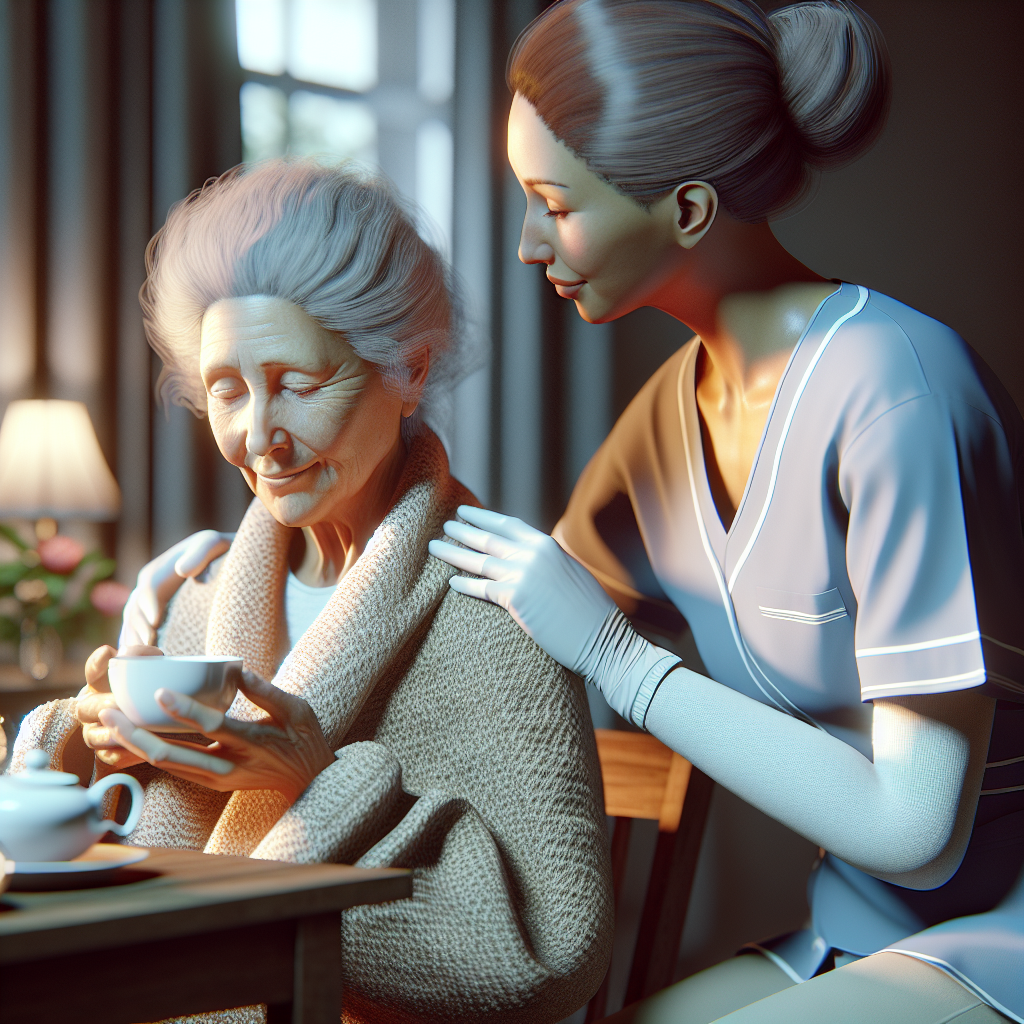 An elderly person receiving compassionate home care from a caregiver, showcasing warmth and support