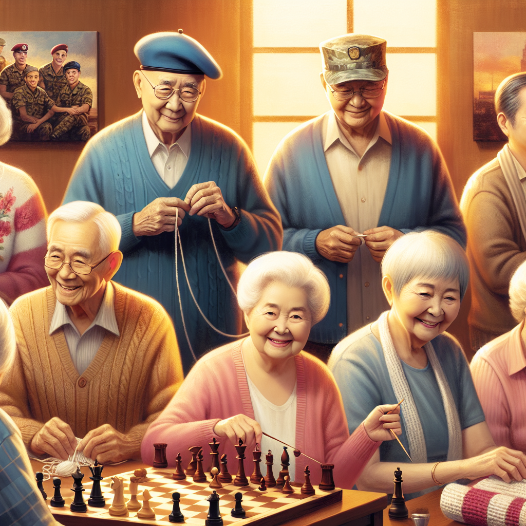 A diverse group of elderly veterans enjoying activities in an assisted living facility, showcasing camaraderie and support