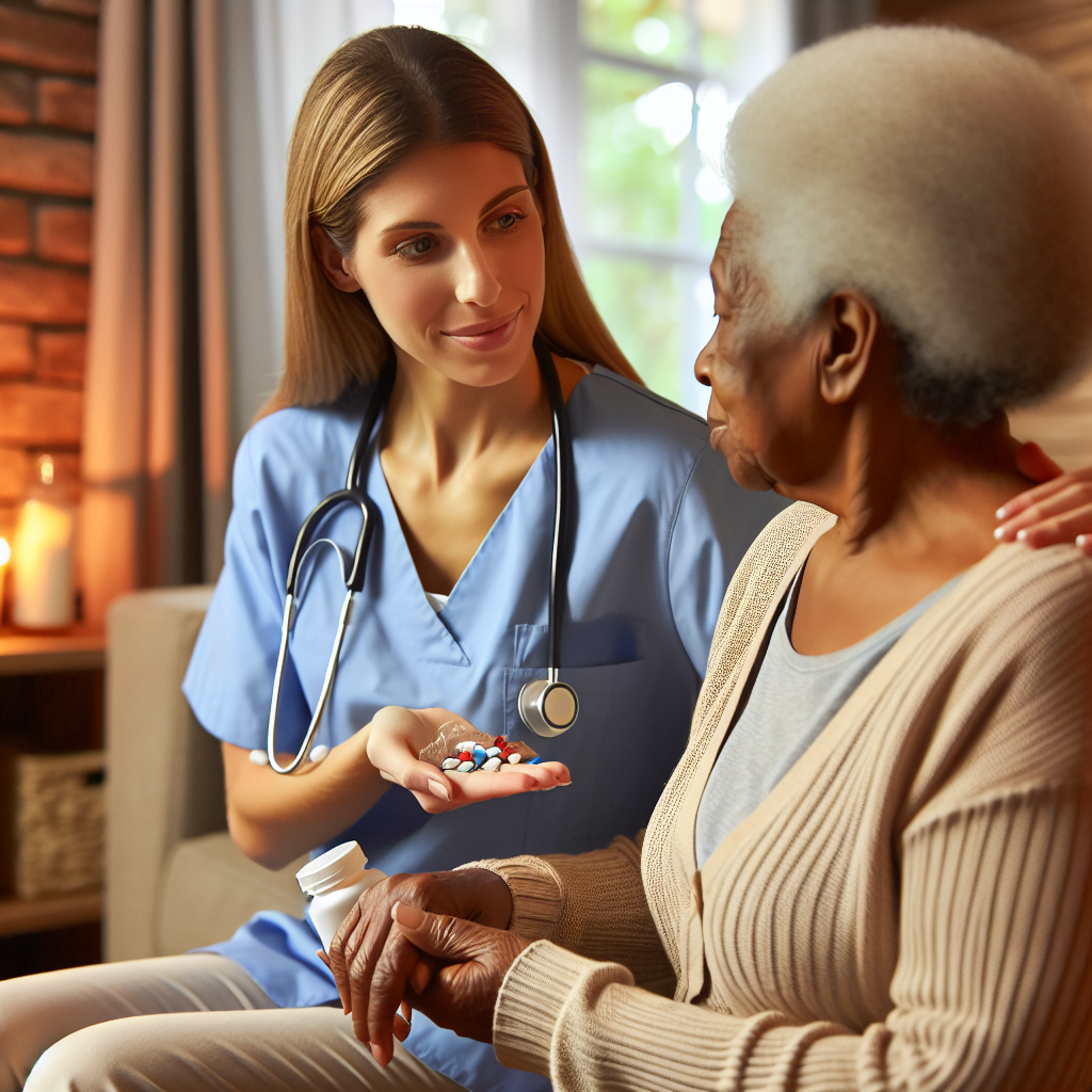 A caring nurse assisting an elderly woman at home with medication management