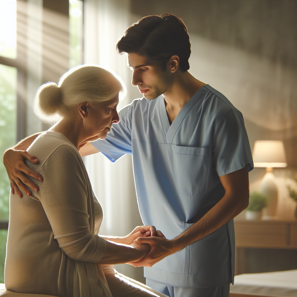 A serene room with soft lighting where an elderly person receives compassionate care from a nurse