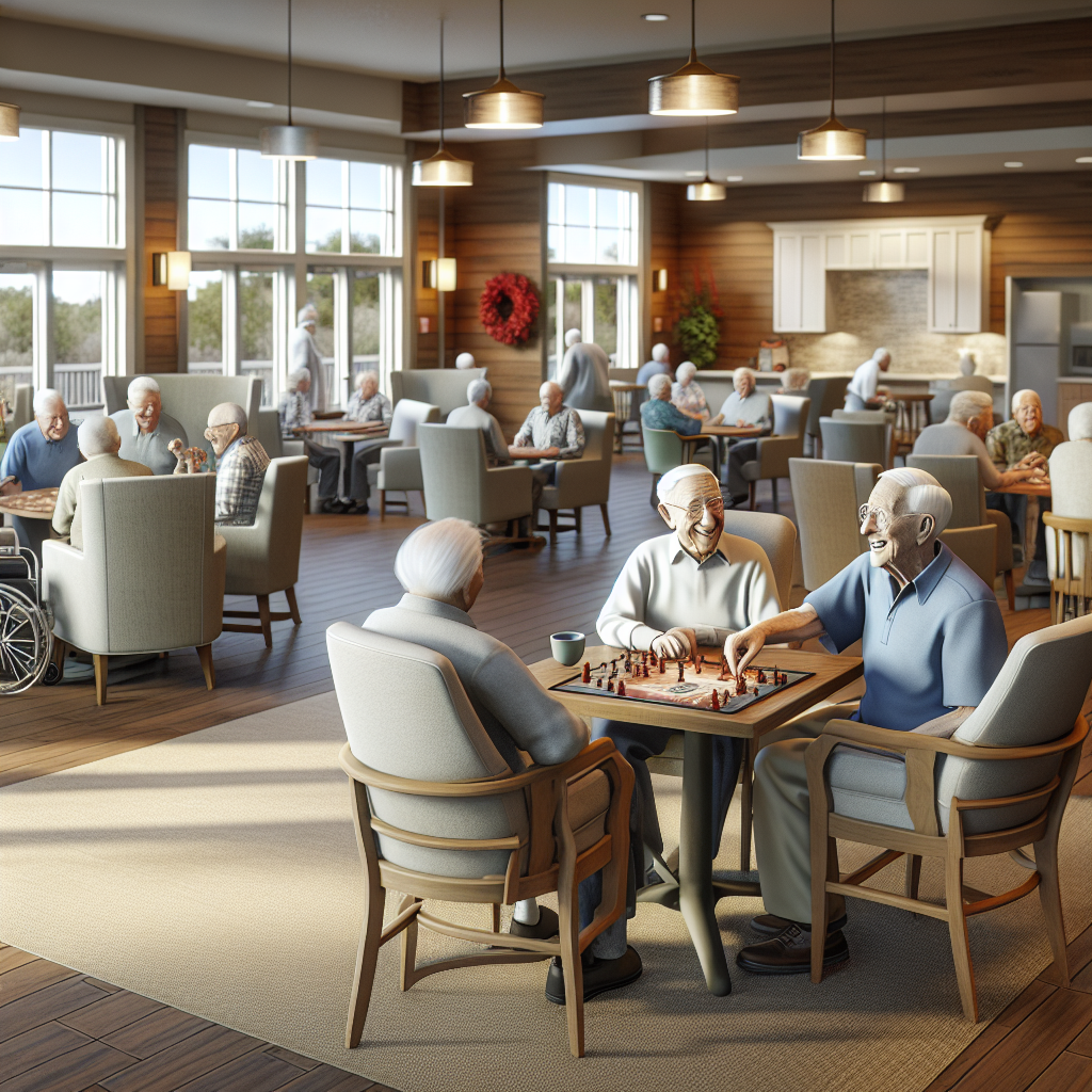 A warm and inviting assisted living facility designed for veterans, showcasing communal areas with veterans engaging in activities together