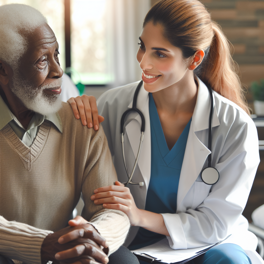 A caring healthcare professional conducting a comprehensive geriatric assessment with an elderly patient
