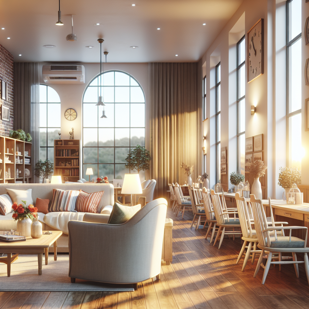 A warm and inviting assisted living facility designed specifically for veterans, showcasing comfortable communal areas and engaging activities, photo realistic