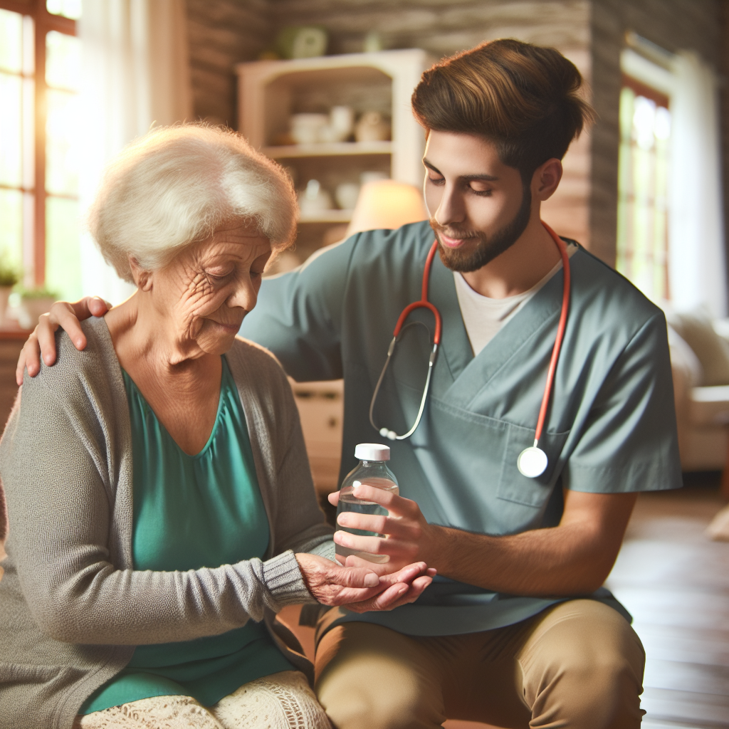 A warm family scene showing an elderly person receiving home health care from a compassionate caregiver at home