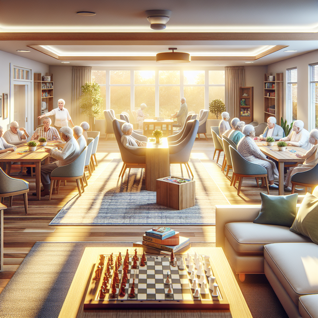 A warm and inviting assisted living facility designed specifically for veterans, showcasing communal areas where residents engage in activities together