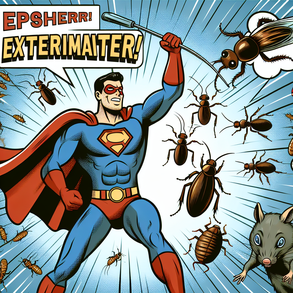 A whimsical illustration of various household pests like ants, cockroaches, and rodents with a superhero exterminator character saving the day