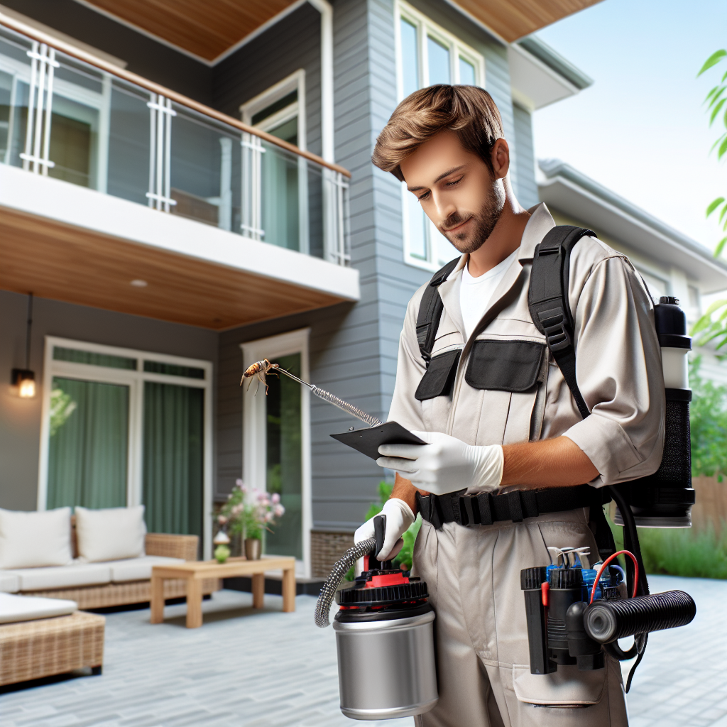 A modern pest control technician using eco-friendly solutions in a residential setting, showcasing advanced tools and equipment