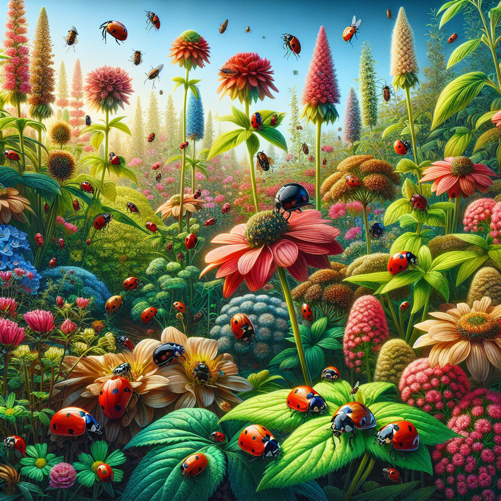 A vibrant garden with beneficial insects like ladybugs among flowers, showcasing eco-friendly pest control methods