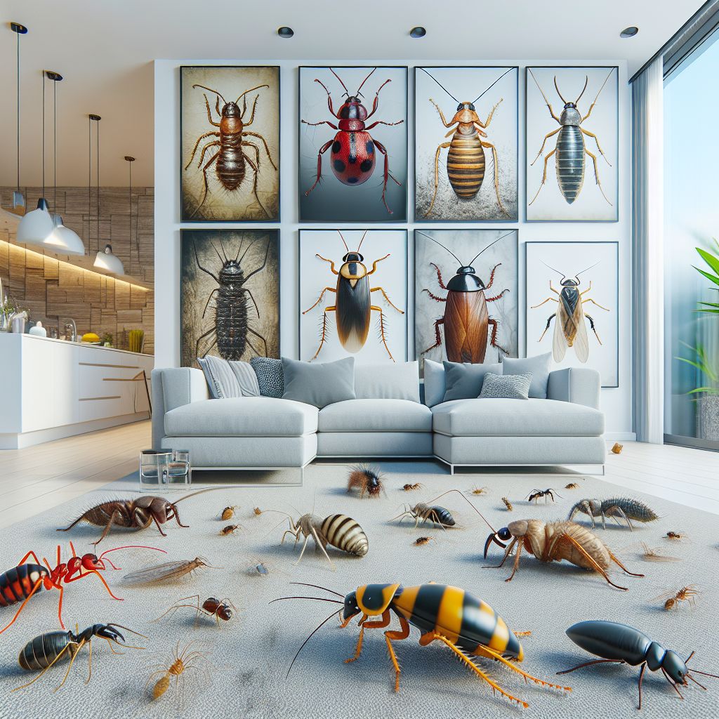 A collage of common household pests including ants, cockroaches, bed bugs, fleas, spiders, wasps, and termites in a modern home setting