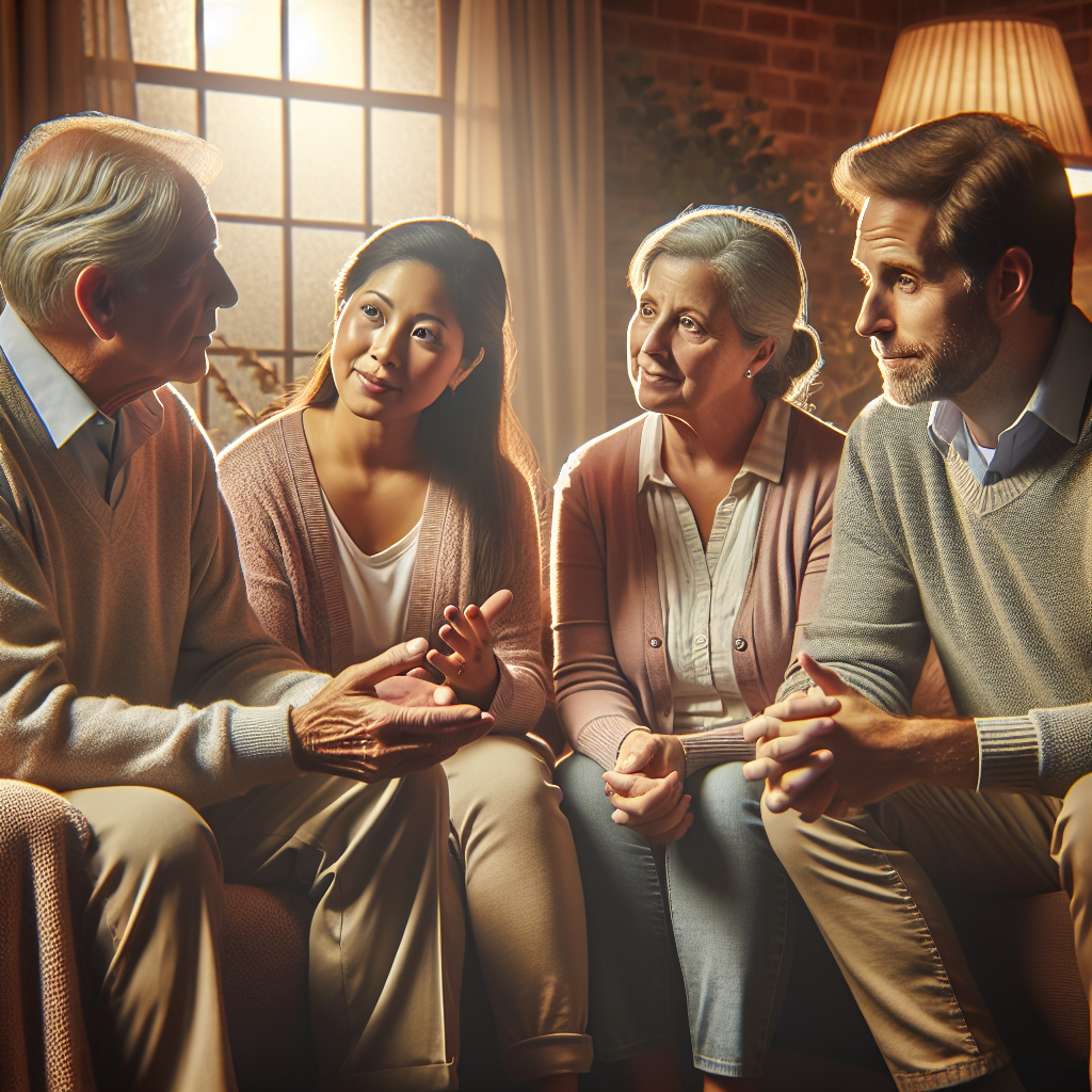 A warm family gathering with elderly parents and their adult children discussing care options in a cozy living room